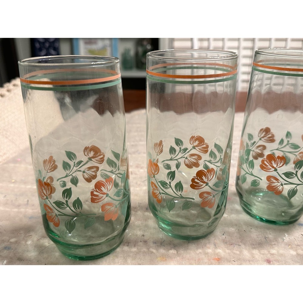 Set of 4 Vintage Libbey Tumblers Glass with Pink Flowers & Green Leaves